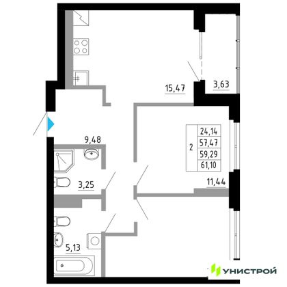 59,3 м², 2-комн. квартира, 7/27 этаж