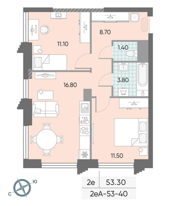 Продажа 2-комнатной квартиры 53,3 м², 40/58 этаж