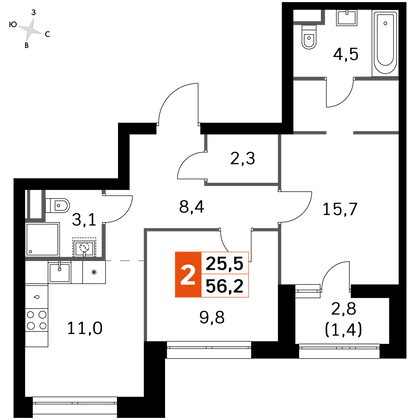 56,4 м², 2-комн. квартира, 40/44 этаж