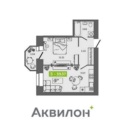 39,4 м², 1-комн. квартира, 8/9 этаж