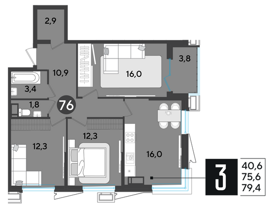 Продажа 3-комнатной квартиры 79,4 м², 10/18 этаж
