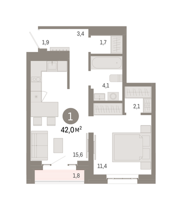 Продажа 1-комнатной квартиры 42 м², 12/16 этаж