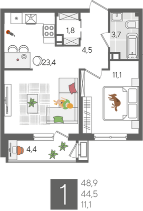 Продажа 1-комнатной квартиры 48,9 м², 3/24 этаж