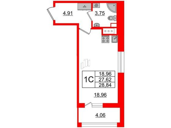 Продажа квартиры-студии 27,6 м², 10/12 этаж