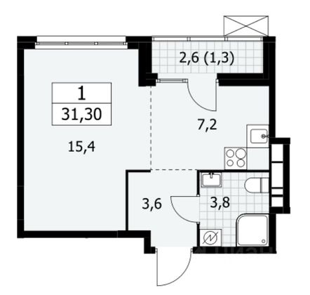 Продажа 1-комнатной квартиры 31,3 м², 6/16 этаж