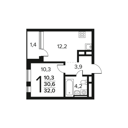 32 м², 1-комн. квартира, 12/12 этаж