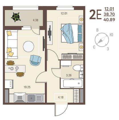 40,9 м², 1-комн. квартира, 2/18 этаж