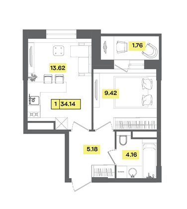 Продажа 2-комнатной квартиры 34,1 м², 4 этаж
