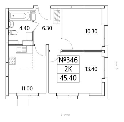 45,4 м², 2-комн. квартира, 9/25 этаж