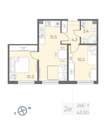 43,5 м², 2-комн. квартира, 2/25 этаж