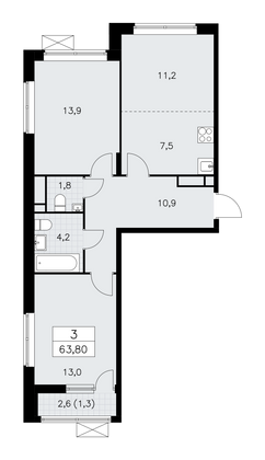 63,8 м², своб. планировка, 14/16 этаж