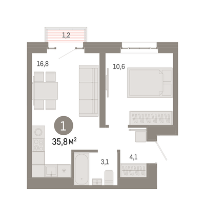 Продажа 1-комнатной квартиры 35,8 м², 28/31 этаж