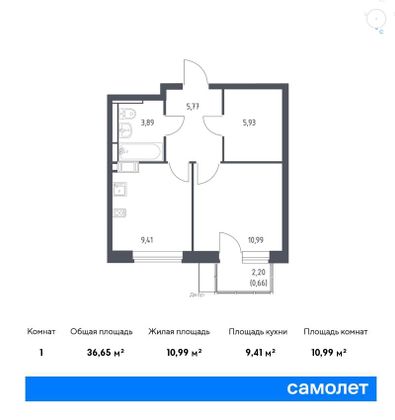 36,7 м², 1-комн. квартира, 8/12 этаж