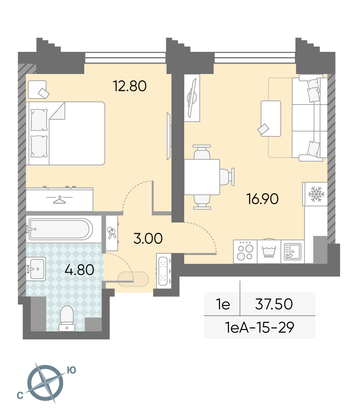 Продажа 1-комнатной квартиры 37,5 м², 29/58 этаж