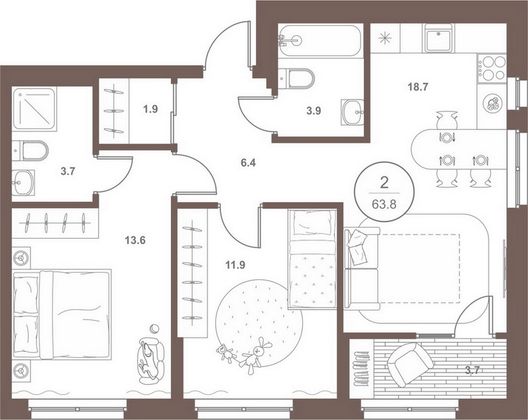 Продажа 2-комнатной квартиры 63,8 м², 10/18 этаж