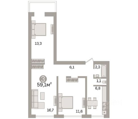 Продажа 3-комнатной квартиры 59,1 м², 1/9 этаж