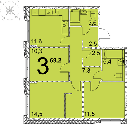 69,2 м², 3-комн. квартира, 6 этаж