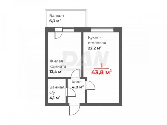 43,8 м², 1-комн. квартира, 4/22 этаж