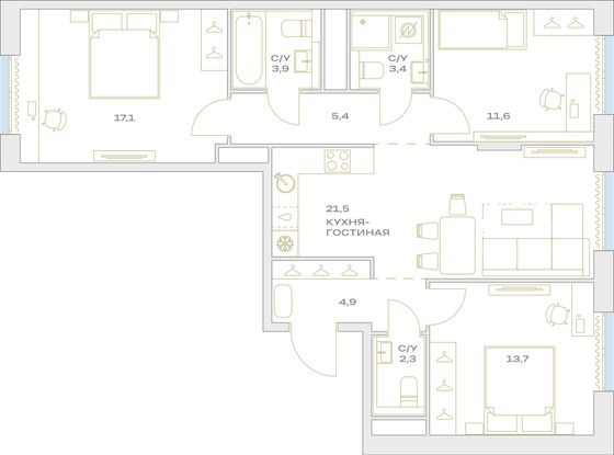 Продажа 3-комнатной квартиры 83,8 м², 16/23 этаж