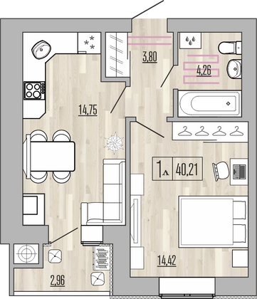 40,2 м², 1-комн. квартира, 4/10 этаж