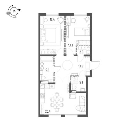 73,4 м², 2-комн. квартира, 2/10 этаж