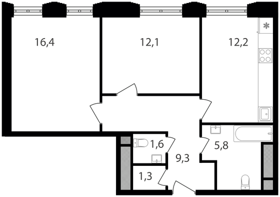 58,7 м², 2-комн. квартира, 7/9 этаж