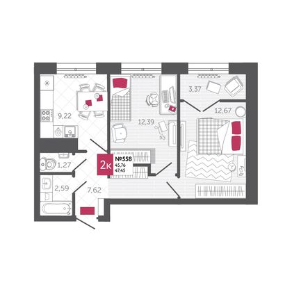 Продажа 2-комнатной квартиры 47,5 м², 8/22 этаж