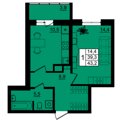 43,2 м², 1-комн. квартира, 1/9 этаж