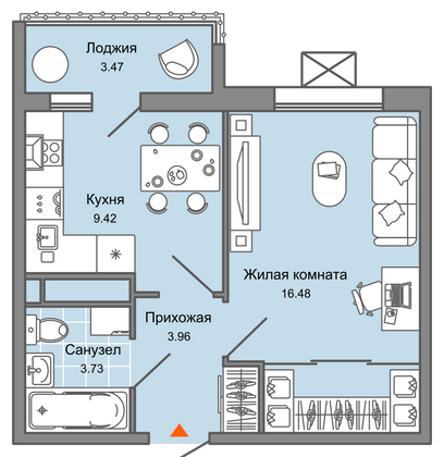 35 м², 1-комн. квартира, 7/7 этаж