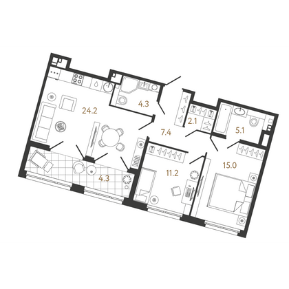 69,3 м², 2-комн. квартира, 3/9 этаж