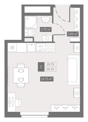 26,1 м², студия, 6/11 этаж