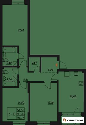 91,7 м², 3-комн. квартира, 10/20 этаж