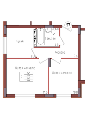 44,4 м², 2-комн. квартира, 8/9 этаж