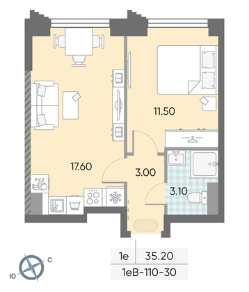 Продажа 1-комнатной квартиры 35,2 м², 30/58 этаж