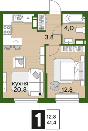 Продажа 1-комнатной квартиры 41,4 м², 14/16 этаж
