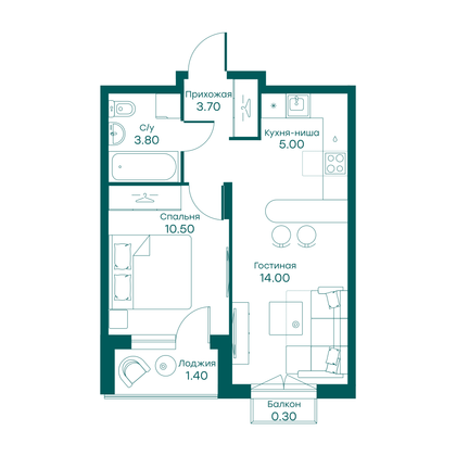 39,1 м², 1-комн. квартира, 2/6 этаж