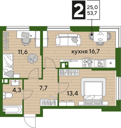 Продажа 2-комнатной квартиры 53,7 м², 6/16 этаж