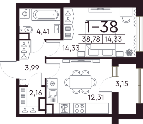 38,6 м², 1-комн. квартира, 6/8 этаж