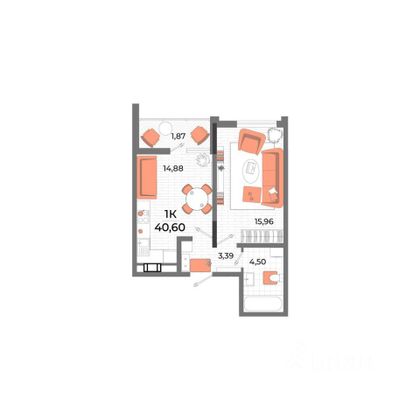 Продажа 1-комнатной квартиры 40,6 м², 4/10 этаж