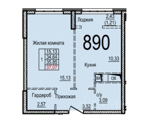 Продажа 1-комнатной квартиры 37 м², 2/25 этаж