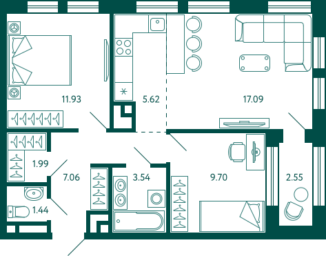 59,7 м², 2-комн. квартира, 19/27 этаж