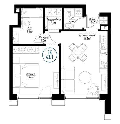 Продажа 1-комнатной квартиры 43,1 м², 9/30 этаж
