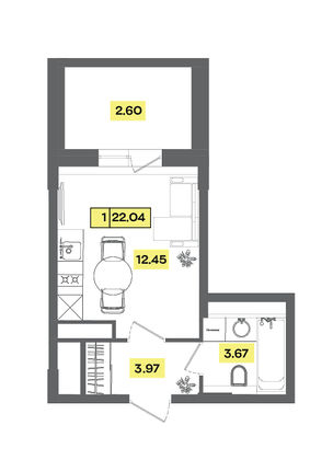 22 м², студия, 7 этаж