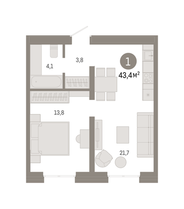 Продажа 1-комнатной квартиры 43,3 м², 2/7 этаж