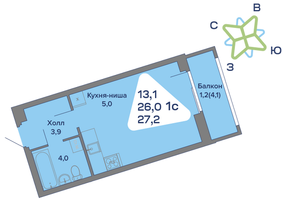 27,2 м², студия, 1/4 этаж