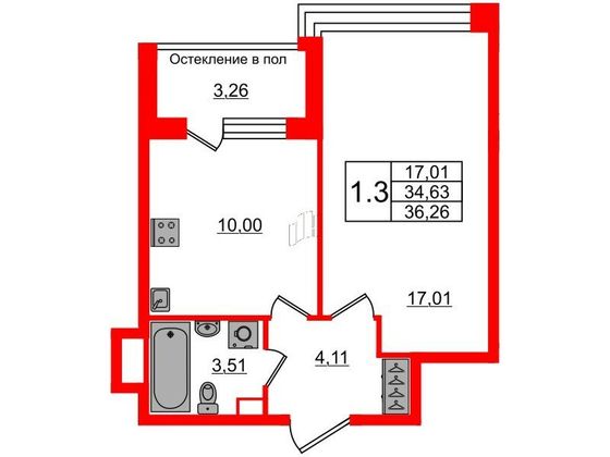Продажа 1-комнатной квартиры 34,6 м², 3/12 этаж