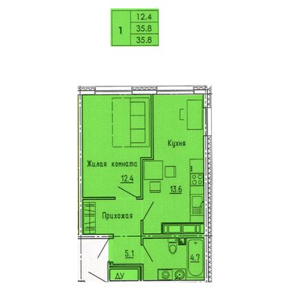 35,8 м², 1-комн. квартира, 18/18 этаж