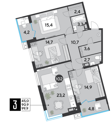 Продажа 3-комнатной квартиры 99,9 м², 12/16 этаж