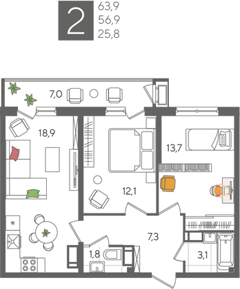 Продажа 2-комнатной квартиры 63,9 м², 11/24 этаж