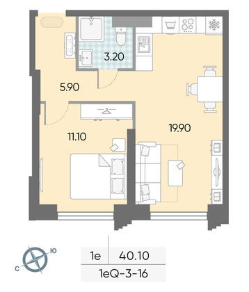 40,1 м², 1-комн. квартира, 16/58 этаж